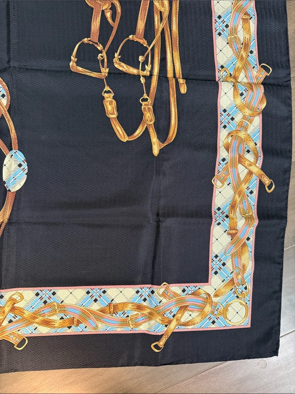 Vintage Italian 100% Silk Equestrian Print Scarf – Black & Gold